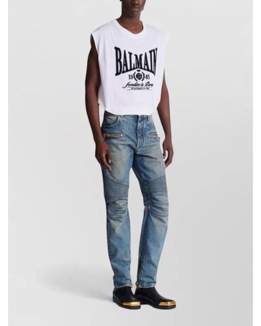 Balmain Blue Straight Denim Jeans Belt Loops Ribbed Knees for men