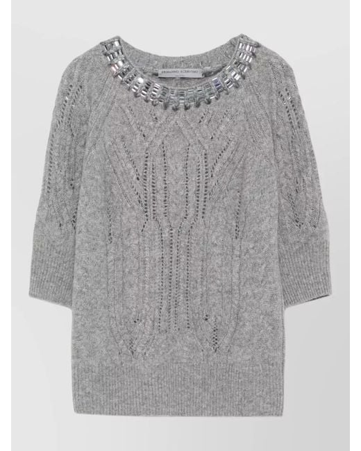 Ermanno Scervino Gray Cashmere Crewneck Sweater Crystal Beaded Neckline