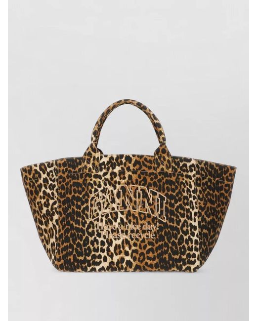 Ganni Metallic Canvas Tote Bag Animal Print Handles