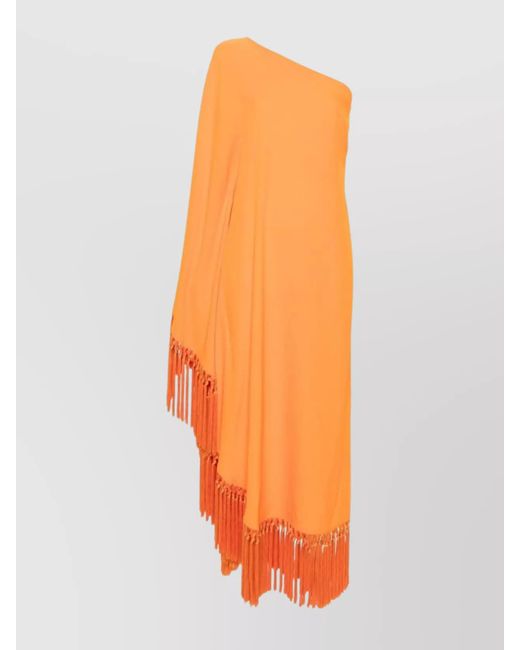 ‎Taller Marmo Orange Fringed One-Shoulder Shift Dress With Asymmetric Hem