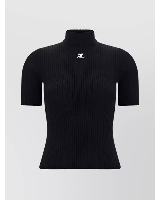 Courreges Black Ribbed Slim-Fit High-Neck Short-Sleeve Knitted Top