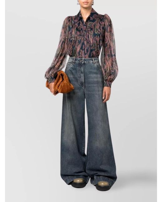 Etro Blue Cotton High-Rise Flared Wide-Leg Jeans