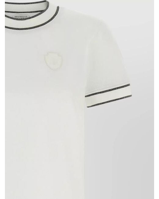 Brunello Cucinelli White Sparkling Lamé Trim Short Sleeve T Shirt