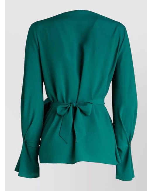 SIMONA CORSELLINI Green Wrap Blouse Deep Neckline Floral Sash Waist