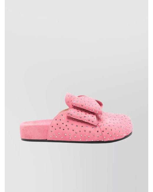 Mach & Mach Pink Leather Crystal-Embellished Bow Mules