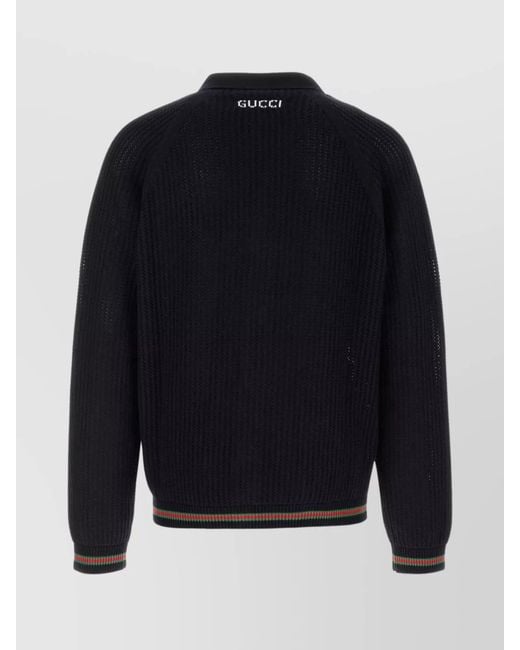 Gucci Blue Cotton Crochet V-Neck Ribbed Cardigan for men