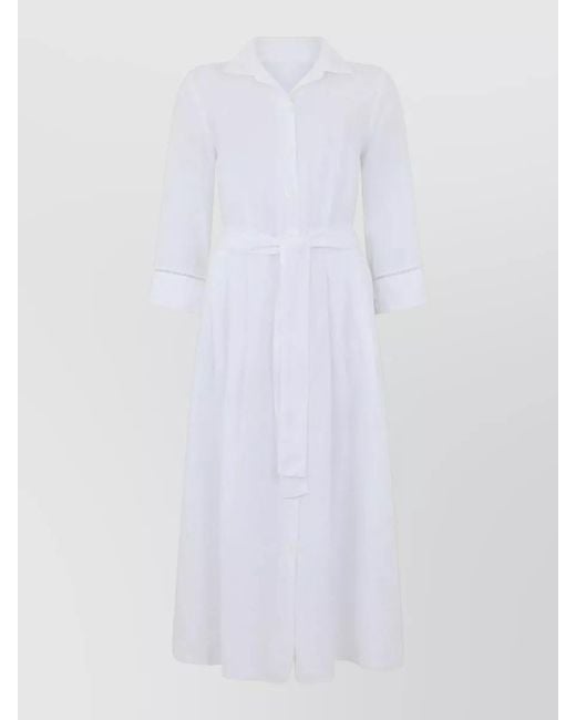 120% Lino White Linen Dress Belted Waist Pleated Skirt