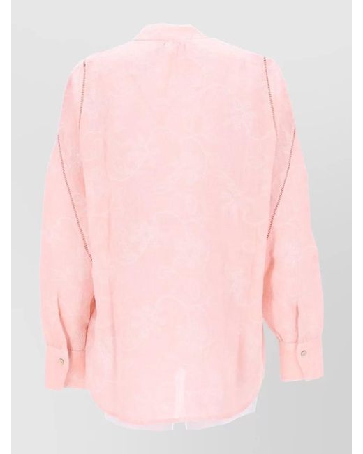 120% Lino Pink Linen Shirt Embroidered Design Long Sleeves