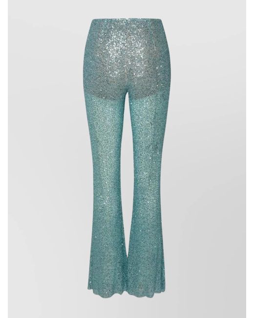 Self-Portrait Blue Elastic Waistband Flared Trousers With Sequined Embellishments