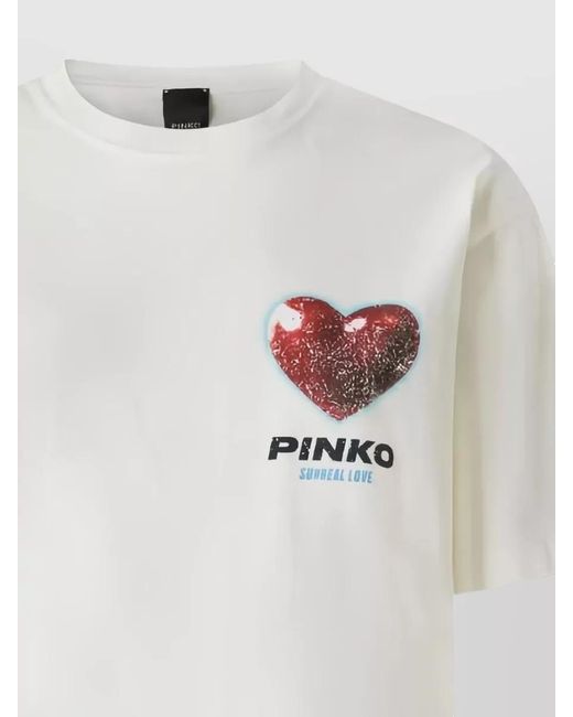 Pinko White Cotton Rhinestone Logo Short-Sleeve T-Shirt