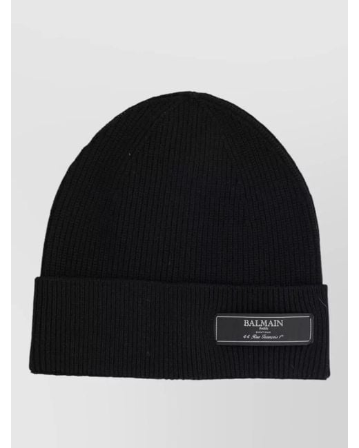 Balmain Black Ribbed Knit Hat Folded Cuff Design for men