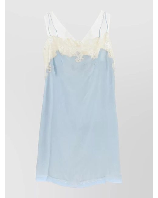 Maison Margiela Blue Sleeveless V Neck Sheer Dress Lace Trim