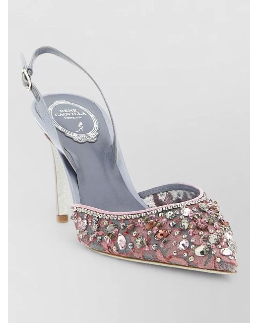 Rene Caovilla Blue Crystal-Embellished Lace Slingback Sandals
