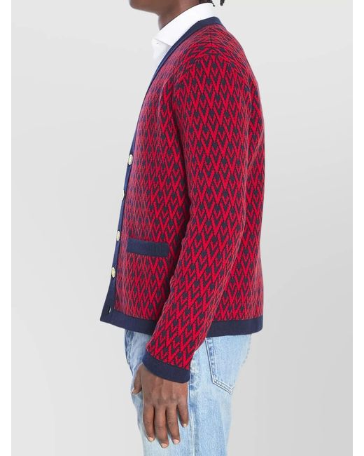 Valentino Garavani Red Virgin Wool Ribbed V-Neck Relaxed-Fit Cardigan for men