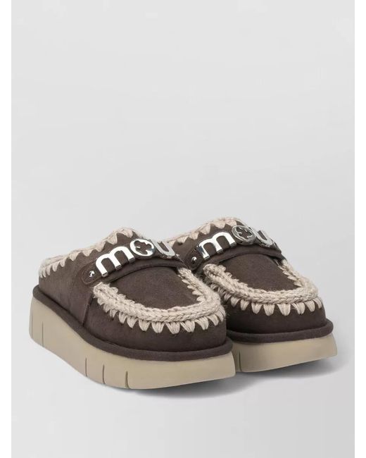 Mou Gray Loafer Slippers Chunky Sole Embroidered Trim