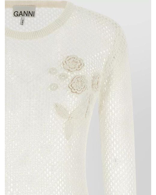 Ganni White Pointelle Knit Sweater Floral Embroidery Sheer