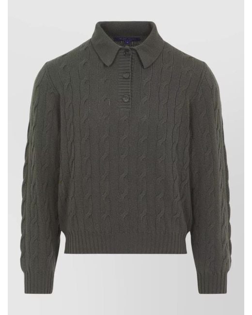 Ralph Lauren Gray Cable Knit Cashmere Polo Sweater
