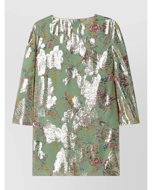 Valentino Green Dress Metallic Finish Draped Neckline Flowers