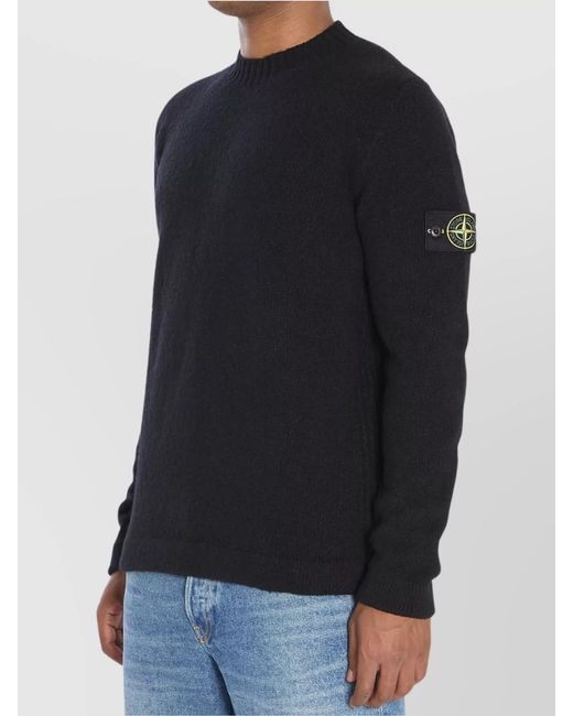 Stone Island Black Brushed Ribbed Crew Neck Wool Blend Sweater for men