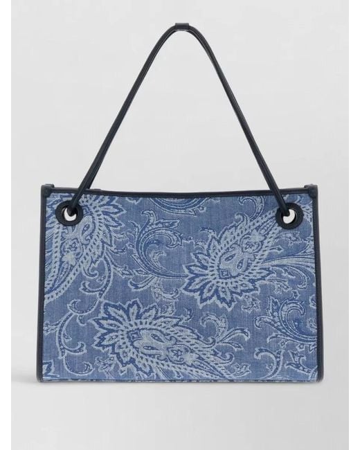 Etro Blue Denim Medium Tote Eyes Paisley Pattern