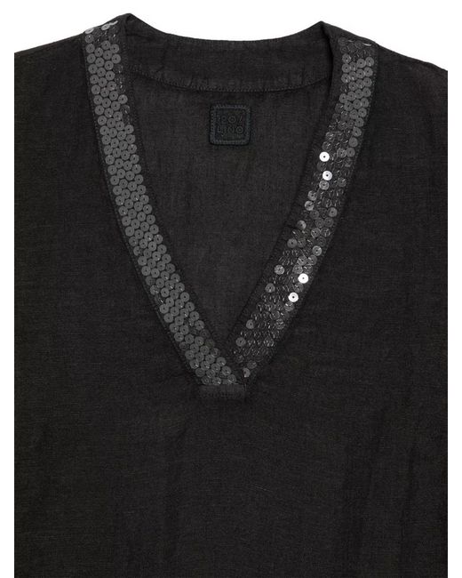 120% Lino Black Blouse V Neckline Frayed Hem Sequins Sleeves