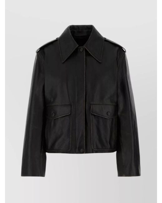 Jil Sander Black Leather Jacket Featuring Collared Design And Epaulettes