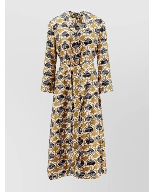 Max Mara Natural Kaftan Dress With Lapel Collar And Belt