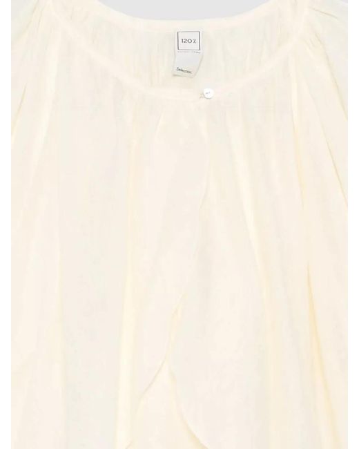 120% Lino Natural Linen Cropped Blouse Ruffled Short Sleeves