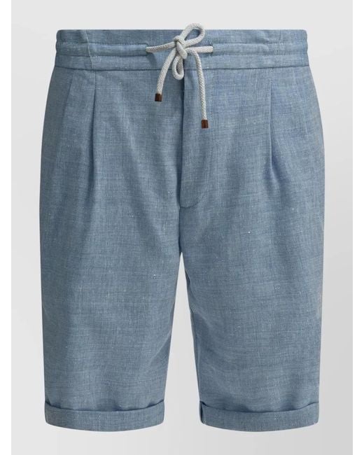 Brunello Cucinelli Blue Linen Blend Pleated Bermuda Shorts for men