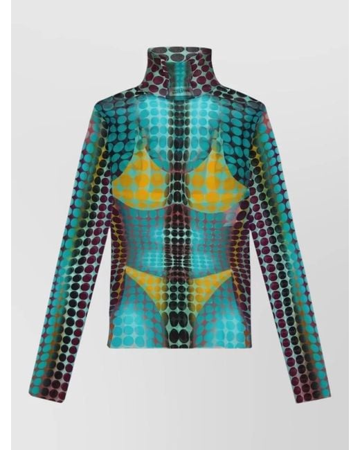 Jean Paul Gaultier Blue Printed Mesh High-Neck Long-Sleeve Top