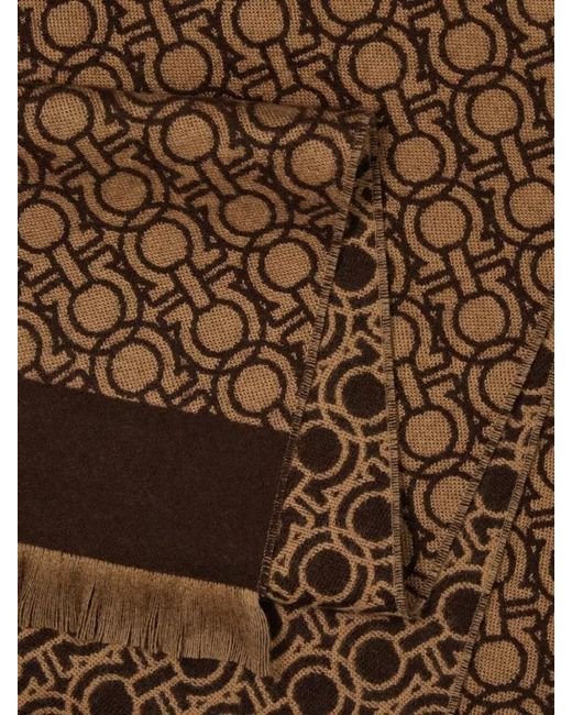 Ferragamo Brown Wool Logo-Pattern Fringed Scarf for men