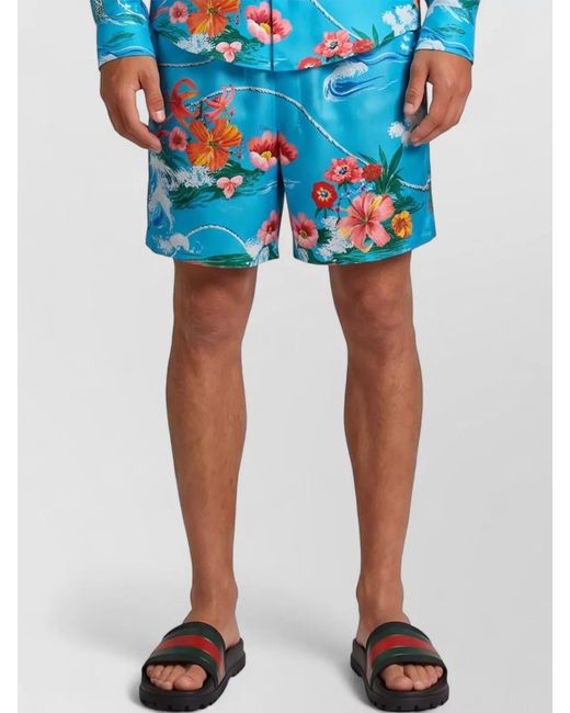 Gucci Blue Silk Printed Swimming Trunks for men