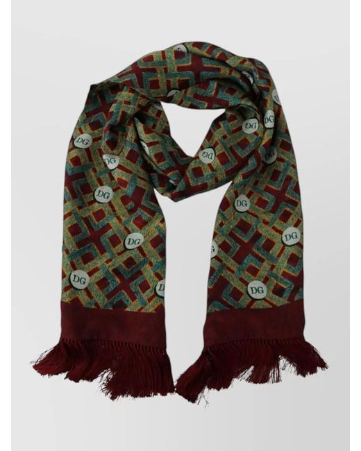 Dolce & Gabbana Green Silk Logo-Print Fringe Scarf for men