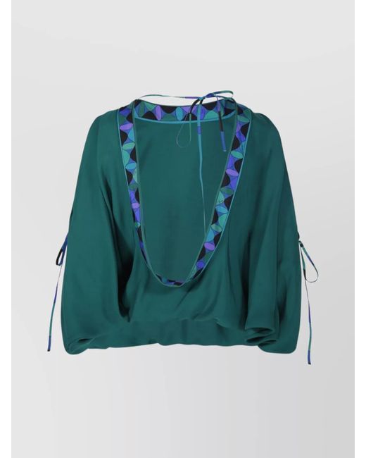 Emilio Pucci Green Draped Sleeve Geometric Trim Open Back Blouse