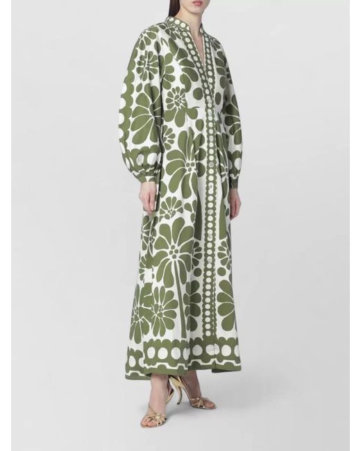 Farm Rio Green Long Dress Balloon Sleeves Floral Pattern