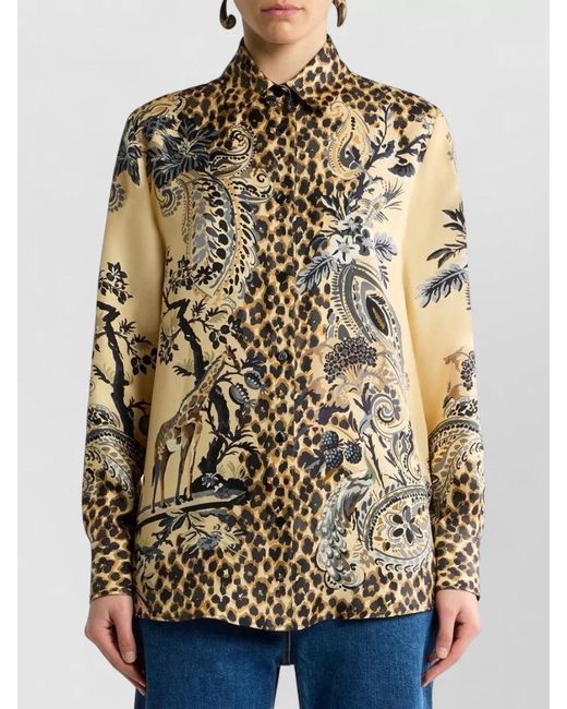 Etro Multicolor Silk Shirt Leopard Floral Placed Print