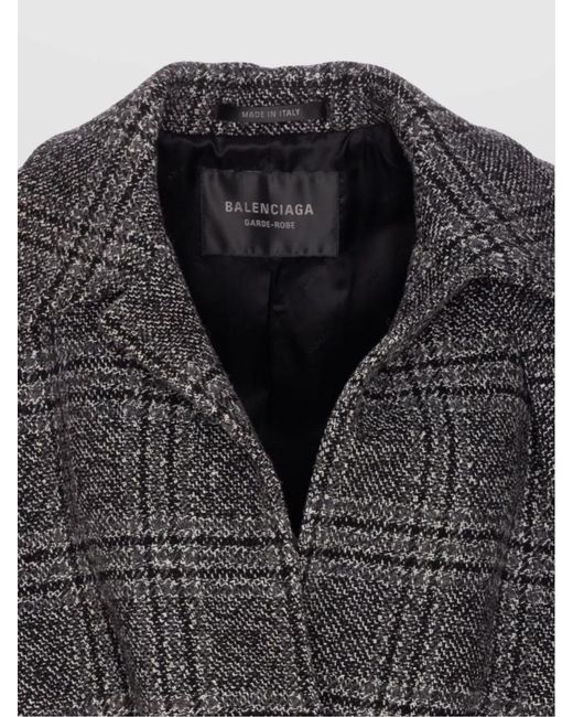 Balenciaga Gray Wool Checked Belted Single Breasted Coat