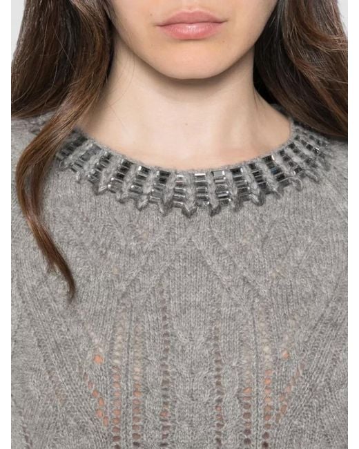 Ermanno Scervino Gray Cashmere Crewneck Sweater Crystal Beaded Neckline