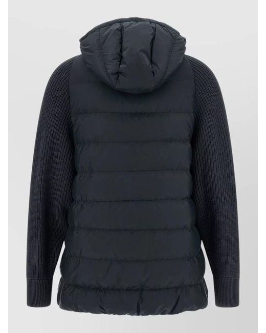 Brunello Cucinelli Blue Hooded Down Jacket Knit Sleeves