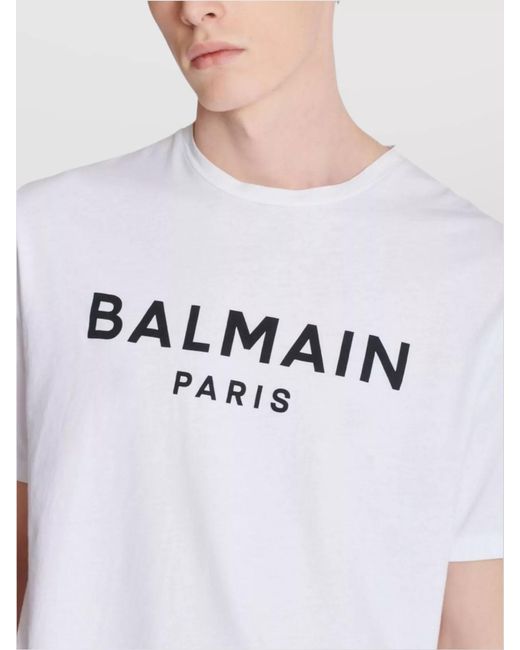 Balmain White Cotton Logo Print Short-Sleeve T-Shirt for men