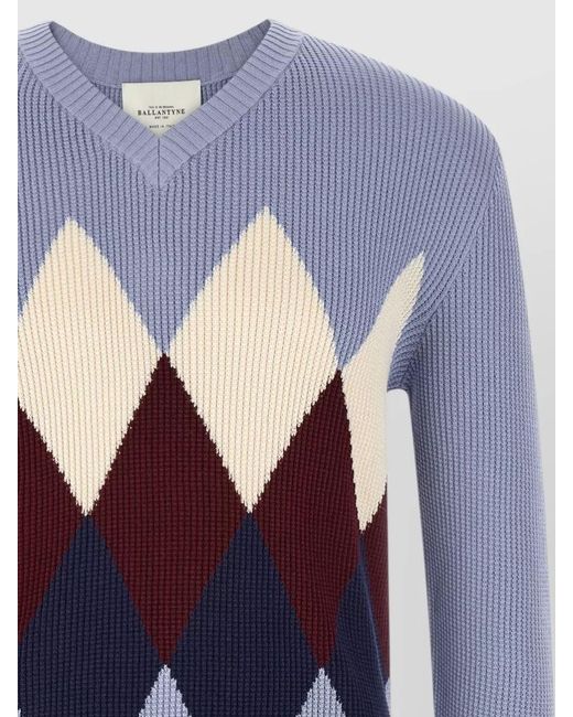 Ballantyne Blue Argyle Motif V Neck Ribbed Sweater for men