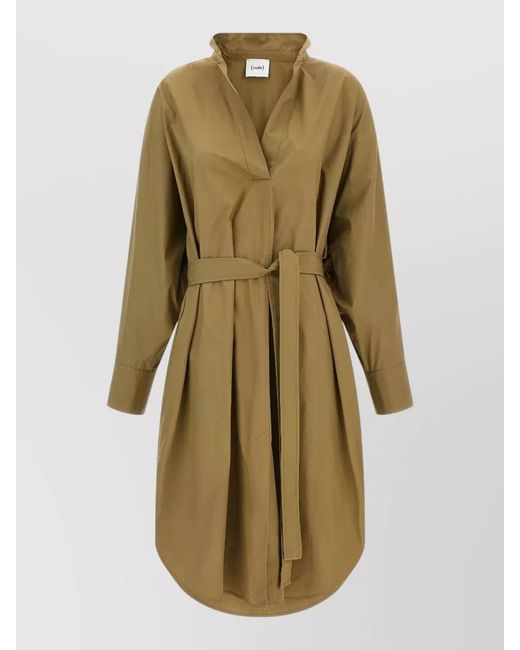 Nude Green Shirt Dress Belted Waist Button Cuffs