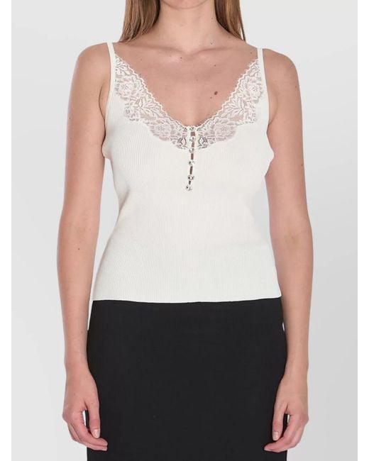 Self-Portrait White Lace Trim V-Neck Top