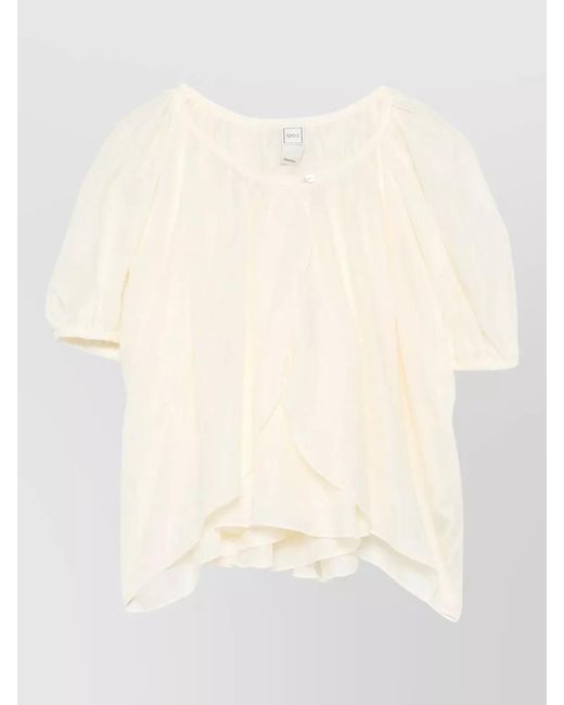 120% Lino Natural Linen Cropped Blouse Ruffled Short Sleeves