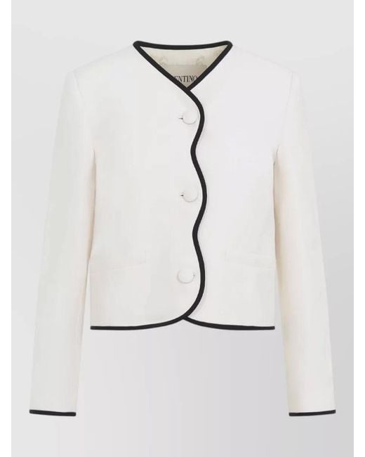 Valentino Natural Wool Silk Collarless Contrast Trim Blazer