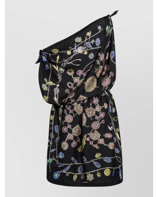 Versace Black One Shoulder Draped Printed Knee Length Dress