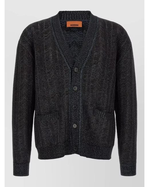 Missoni Black Cardigan V Neck Front Pockets Ribbed Trim for men