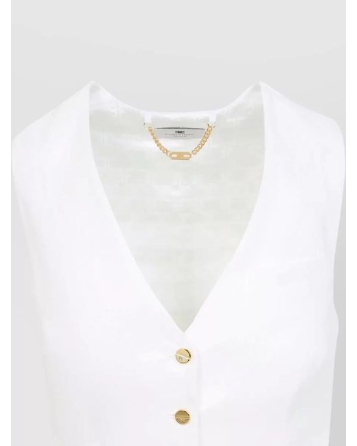 Elisabetta Franchi White Linen Gilet Tailored Fit Sleeveless Chain