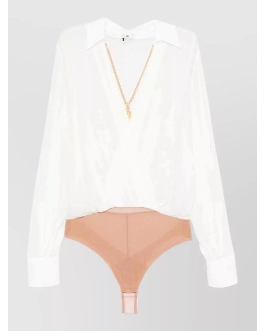 Elisabetta Franchi White Long Sleeve Sheer Wrap Thong Bodysuit