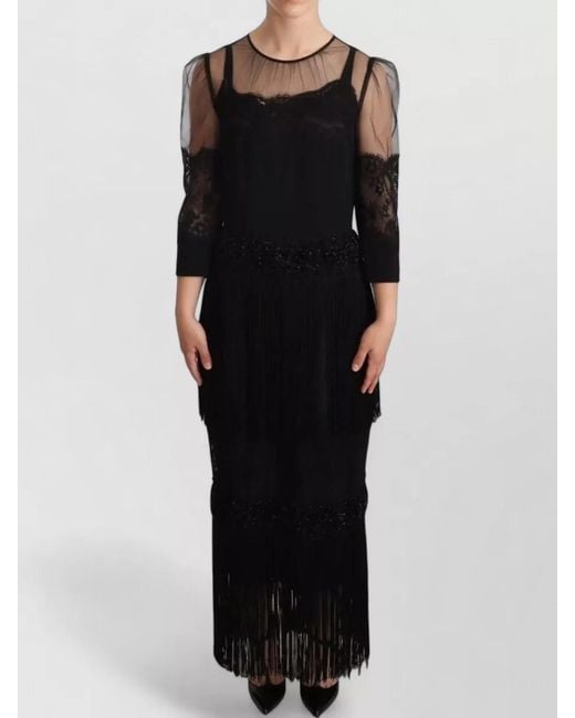 Dolce & Gabbana Black Sheer Floral Lace Crystal-Embellished Maxi Dress